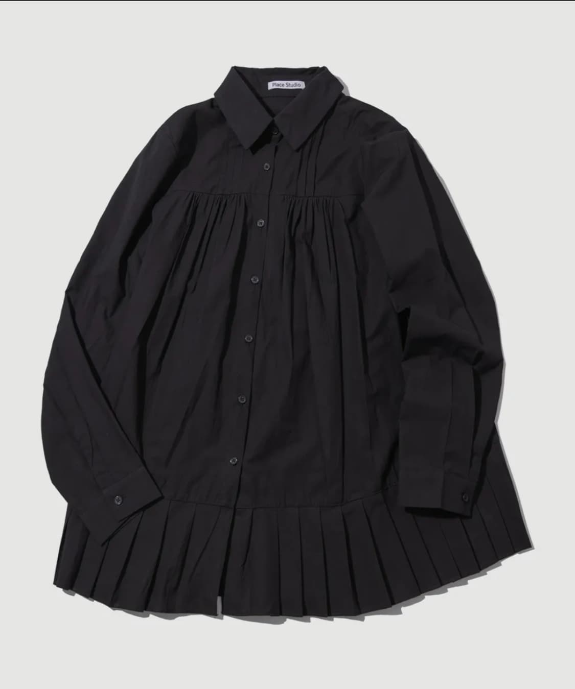 플레이스 스튜디오 미니멀 플리츠 프릴 코튼 셔링 긴팔 블라우스 셔츠 블랙 상품이미지1