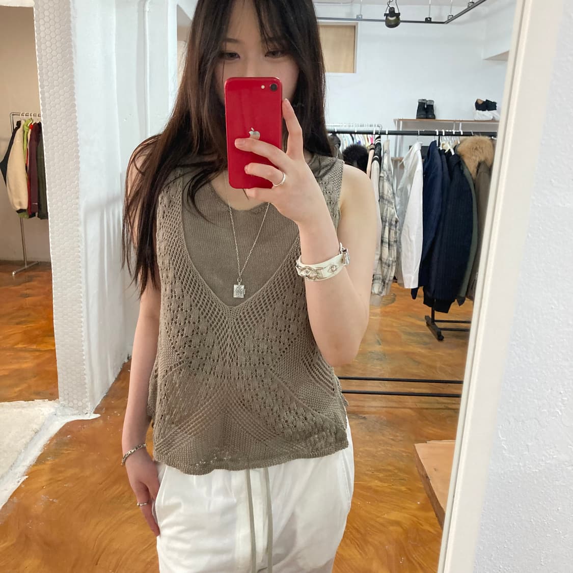 빈티지 크로셰 펀칭 시스루 모카 브라운 여름 니트 베스트 상품이미지1