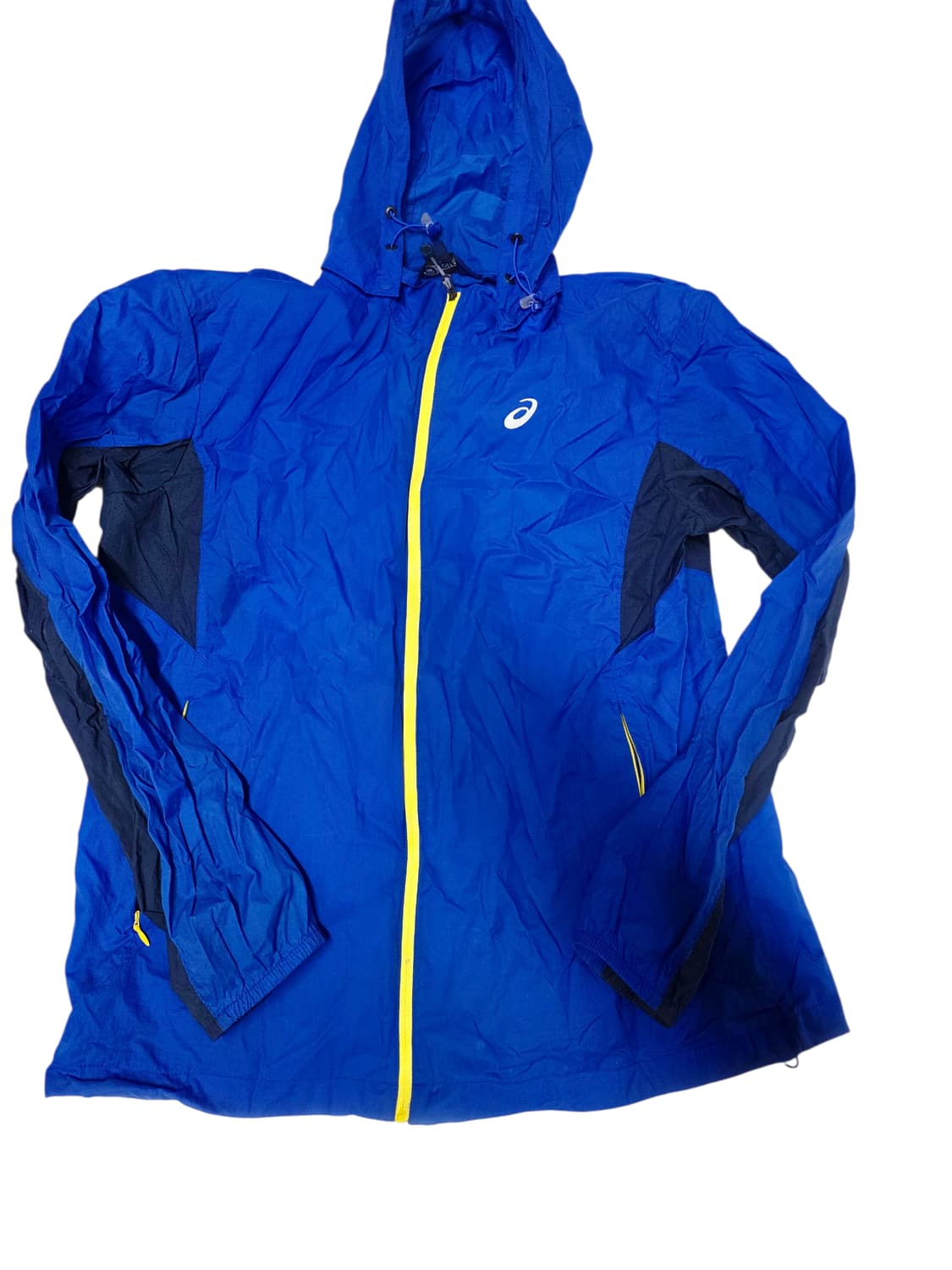 [아식스] 블루 네온옐로우 배색 초경량 후드 런닝 바람막이 100 (실측 상품이미지1