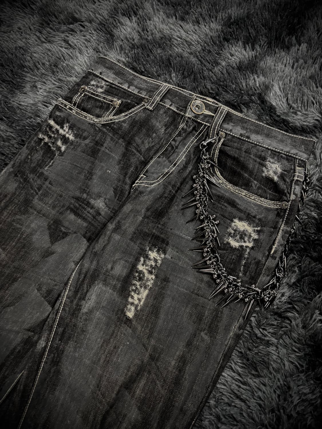 블랙 그런지 워싱 와이드 데님팬츠 상품이미지3