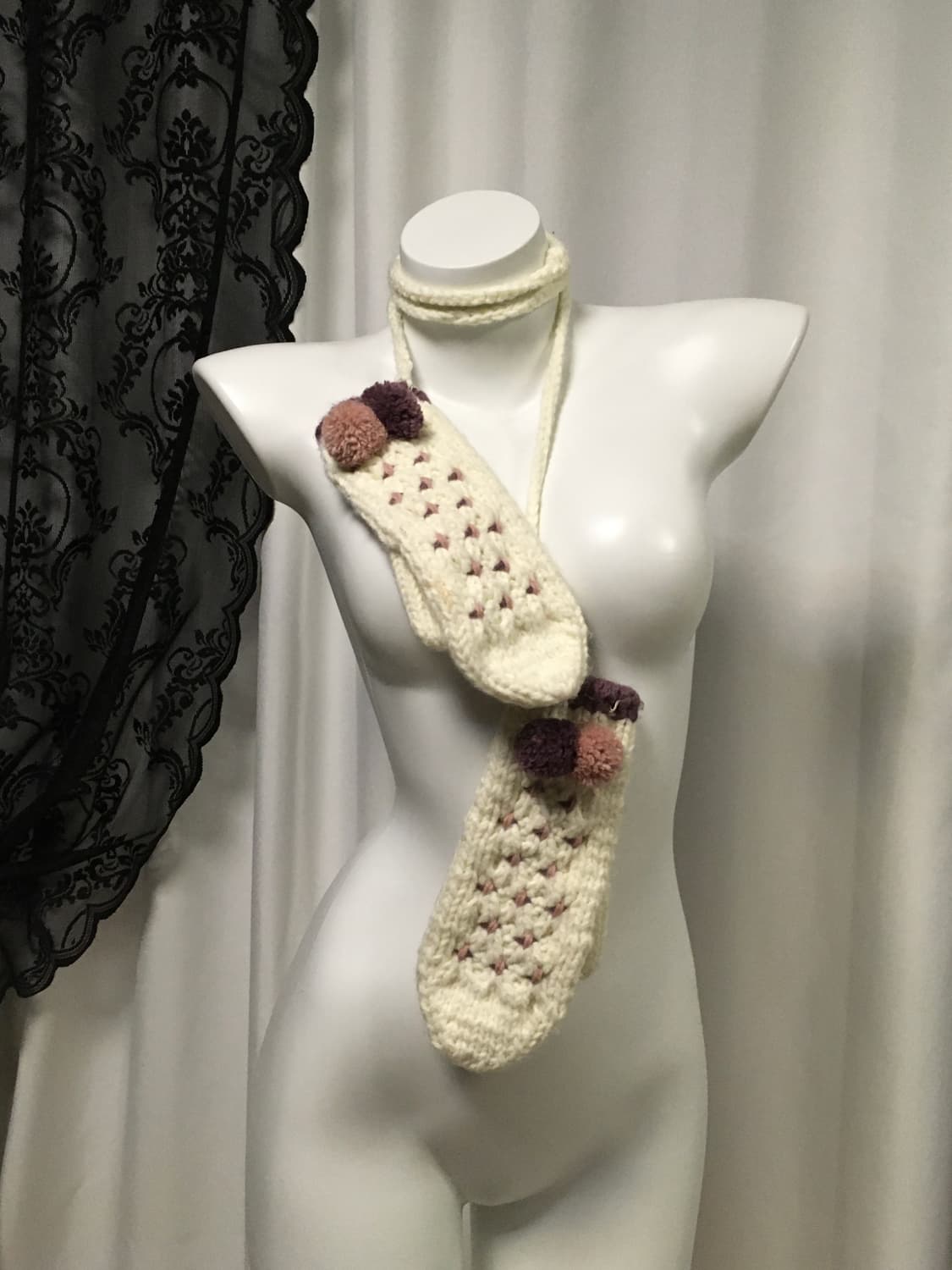 Vintage 하구미 모리걸 폼폼 뜨개 자수 벙어리 장갑 아이보리 상품이미지4