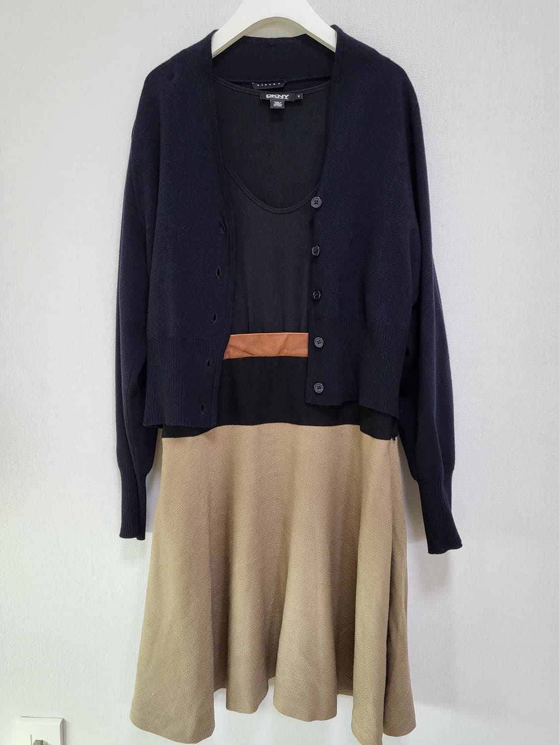 일본구매 DKNY 도나카렌 리얼가죽+고급린넨+면 배색 원피스 free 상품이미지5