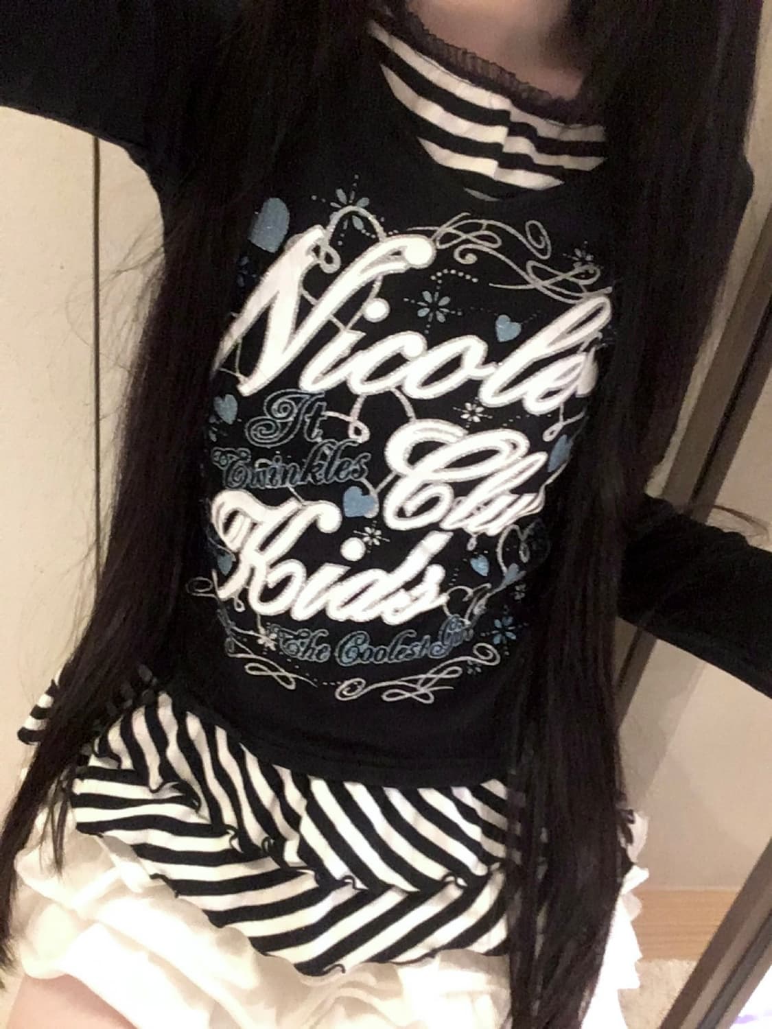 헤이세이 글리터 레터링 블랙블루 스트라이프 레이어드 탑 팝갸루 펑크 상품이미지2