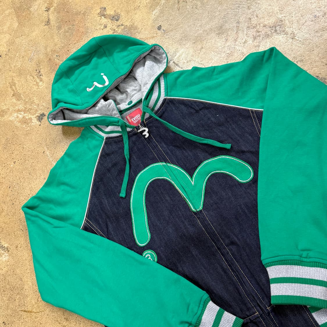 에비수 올드스쿨 배색 그린 데님 바시티 자켓 상품이미지1