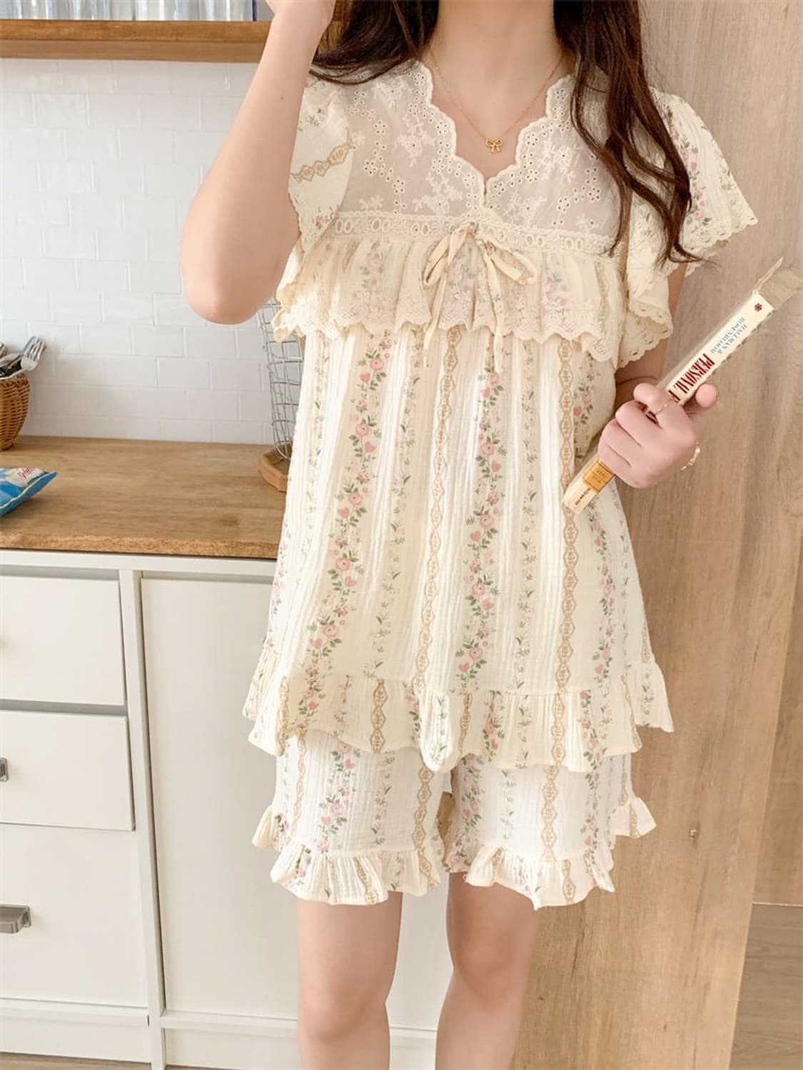 순면) 잔꽃무늬 레이스 공주 파자마 홈웨어 상품이미지4