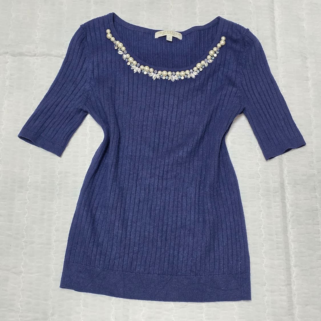 네이비 진주큐빅 스나계 모리걸st 골지니트블라우스 상품이미지1