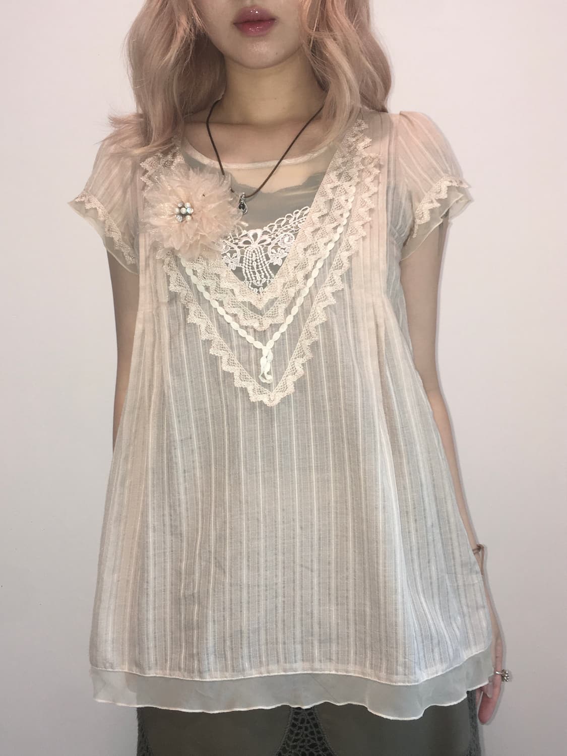 Set)Beige flower chiffon blouse + brooch 상품이미지3