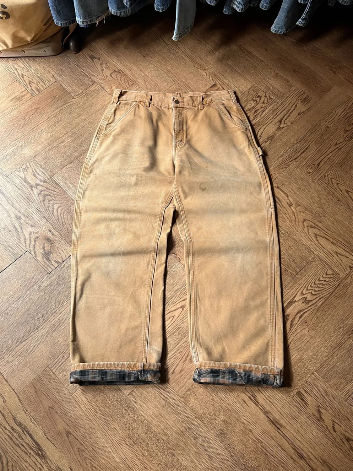 [34]칼하트 USA 체크 라이닝 브라운 싱글니 카펜터 워크 팬츠 상품이미지1