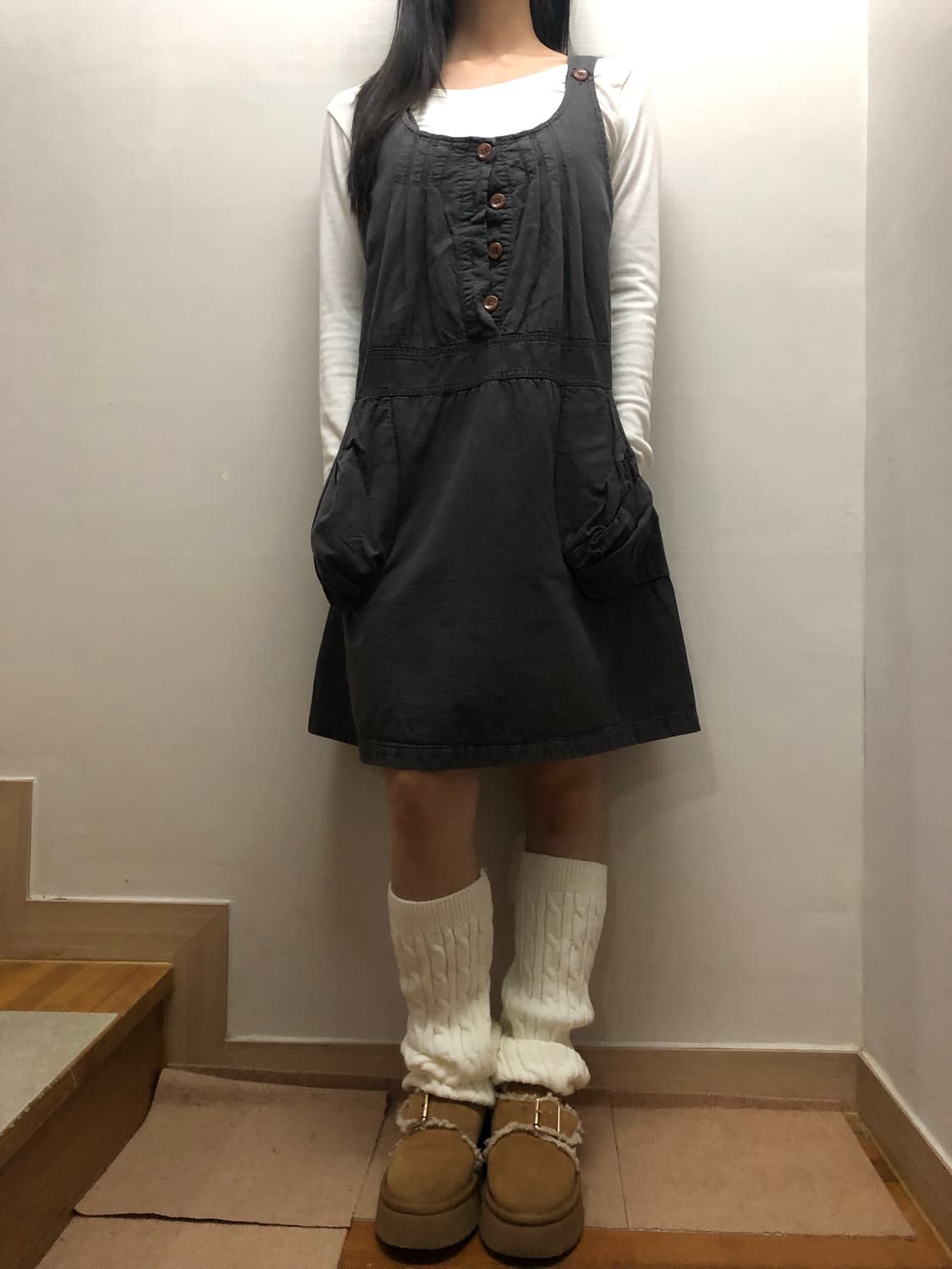 빈티지 그레이 버튼 원피스 상품이미지3