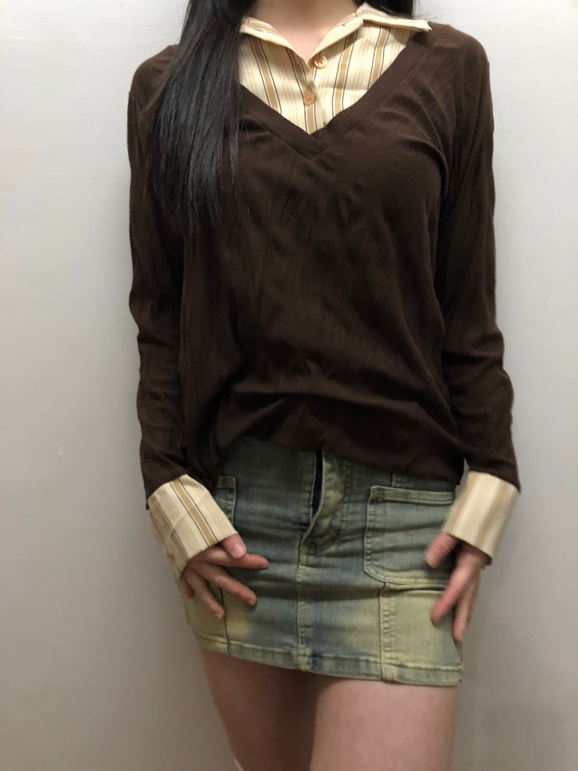 빈티지 브라운 셔츠 레이어드 탑 상품이미지2