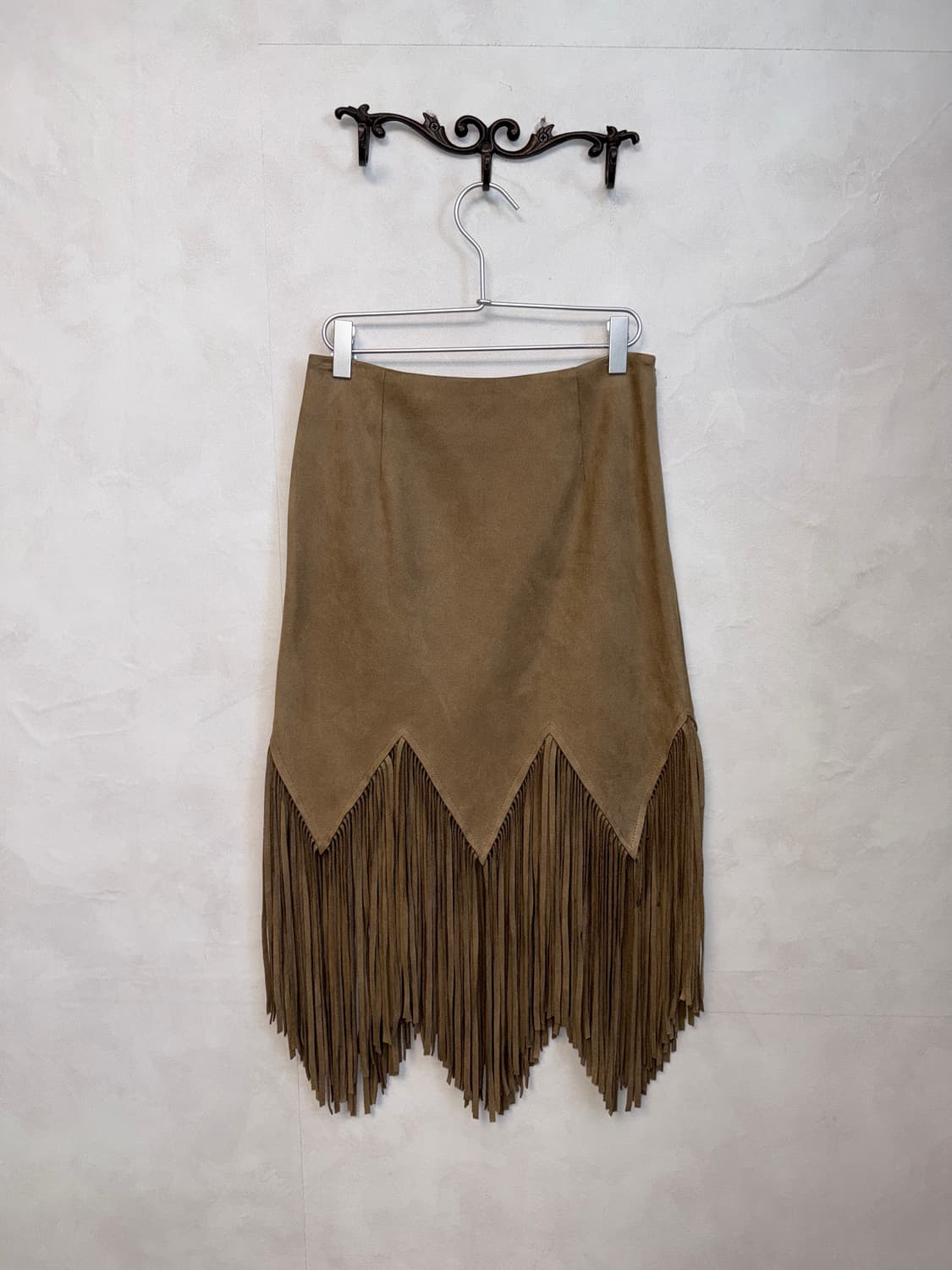 Beige western suede fringe unbalanced sk 상품이미지1