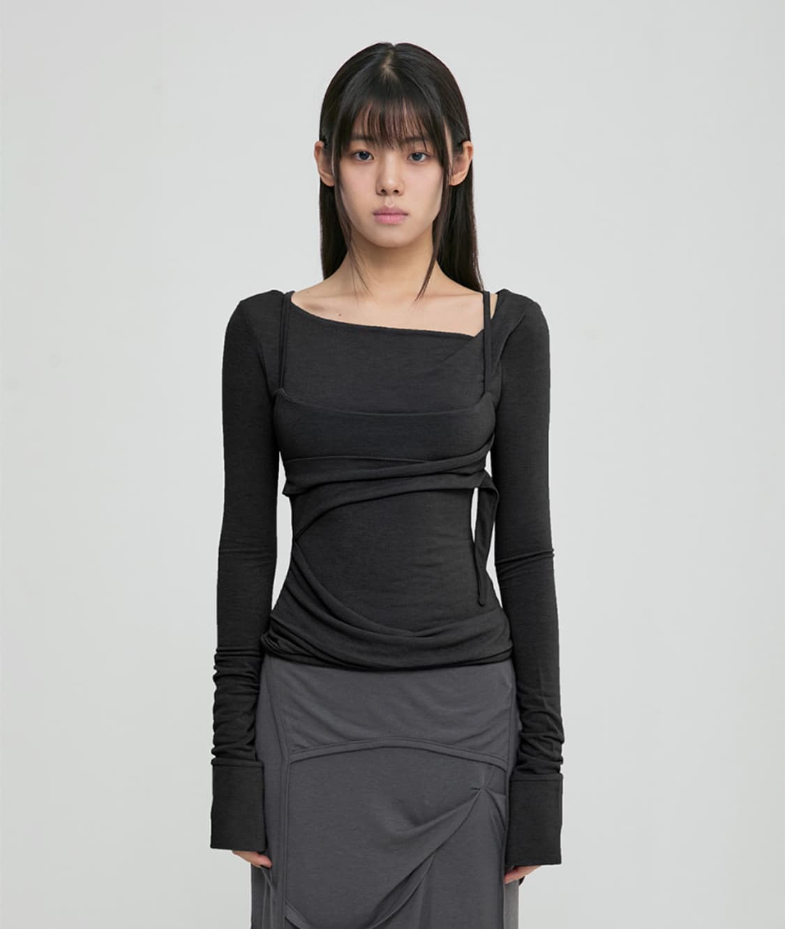 택 있는 새상품) 플레어업 레이어드 뷔스티에 롱 슬리브 블랙 상품이미지1