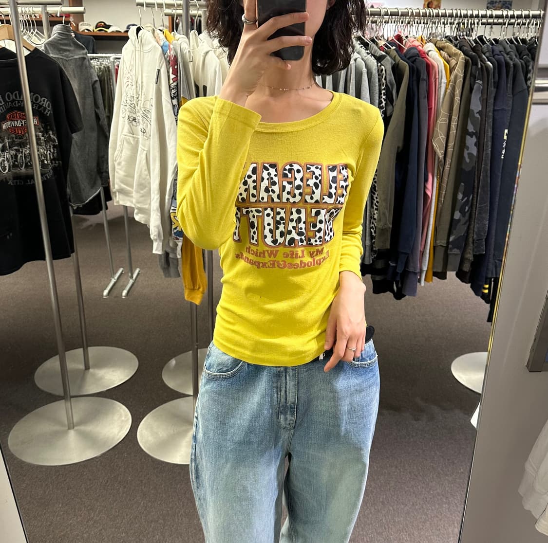 OS)Japanese vintage 여성 y2k 프린팅 옐로우 롱슬리브 상품이미지1