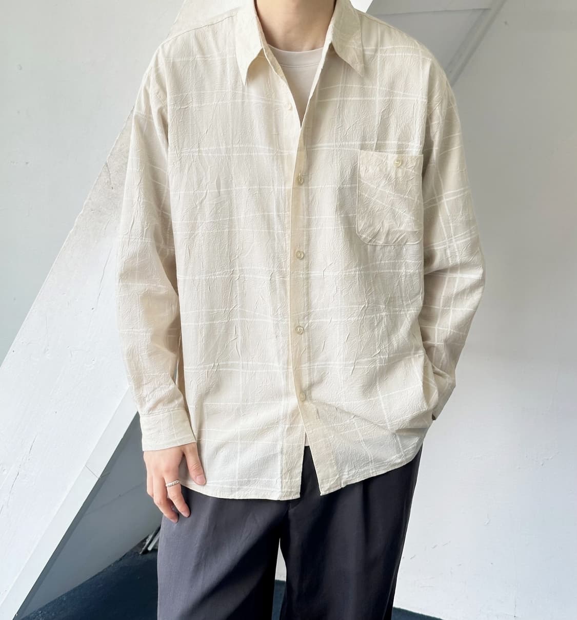 Cotton poly wrinkled check shirt 상품이미지8