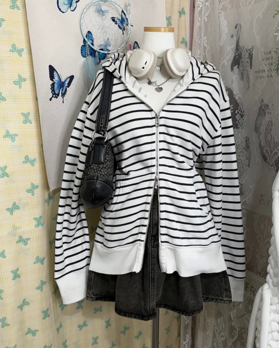 화이트 & 블랙 스트라이프 투웨이 후드 집업 상품이미지2