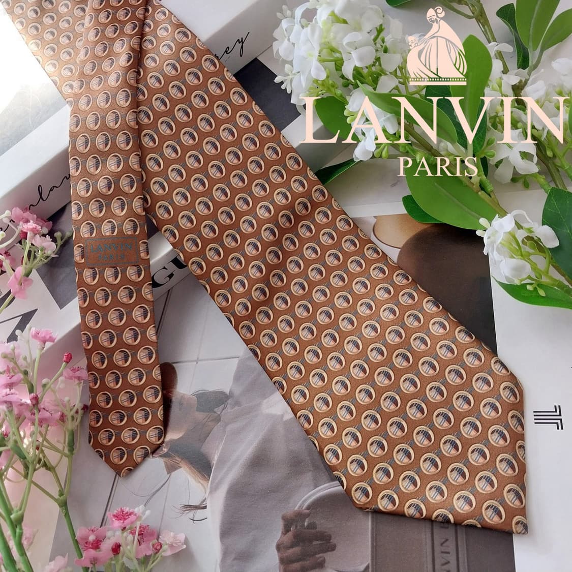 LANVIN 랑방 넥타이 브라운 패턴 9.3cm 새제품 K2140 
 상품이미지2