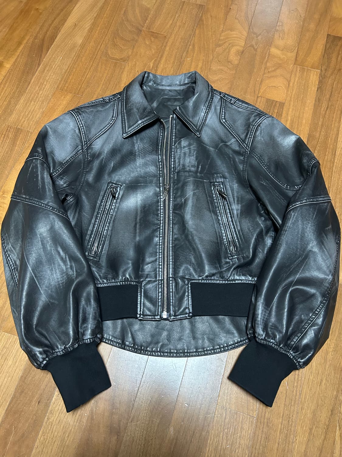 비엘알 레더 폴드런 바이커 크롭 자켓 그레이 상품이미지1