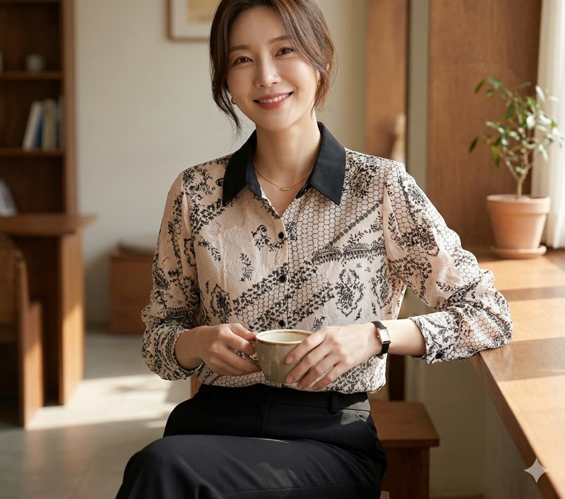 카타리나 아이보리 블랙 카라 플라워 자수 블라우스 55 상품이미지1