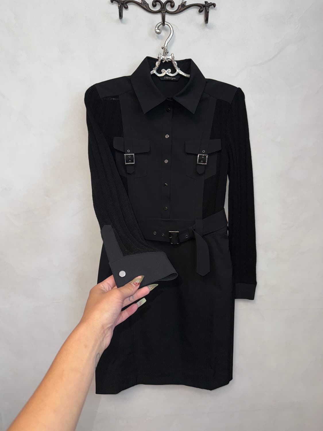 Black belted buckle pocket knit ops 상품이미지2
