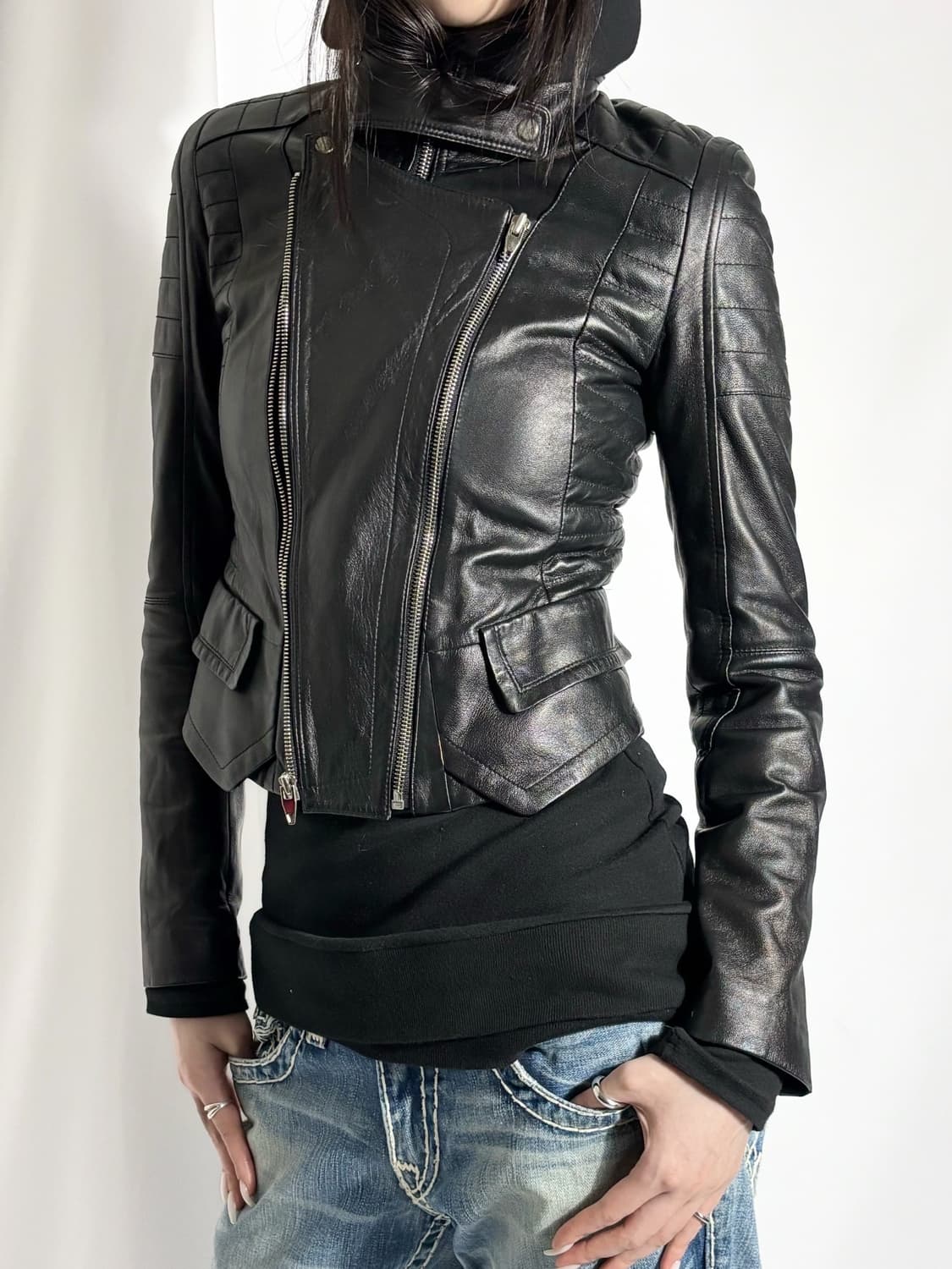 HighNeck Quilted Shoulder Leather Jacket 상품이미지1