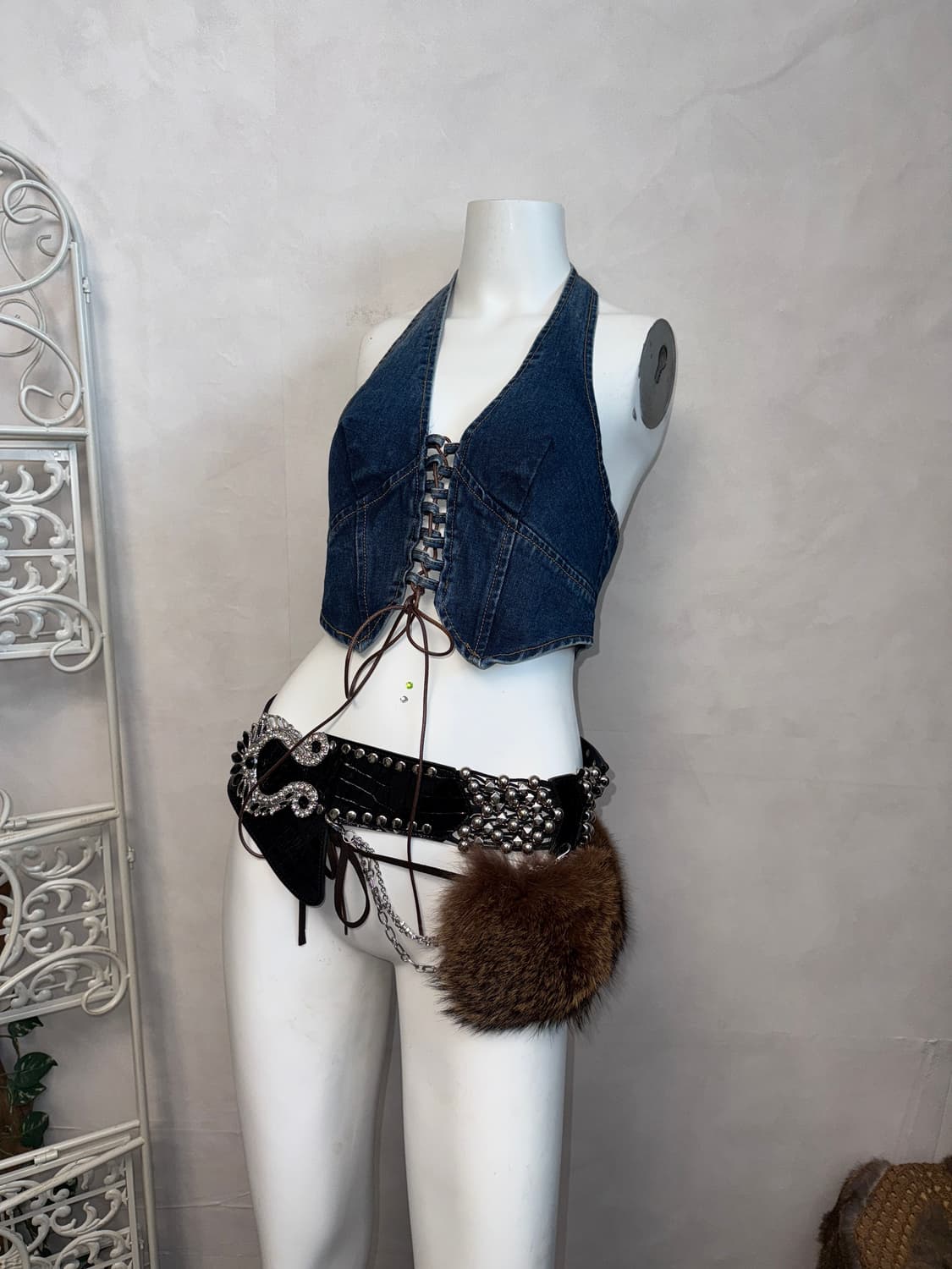 Denim western laceup halter crop bustier 상품이미지2