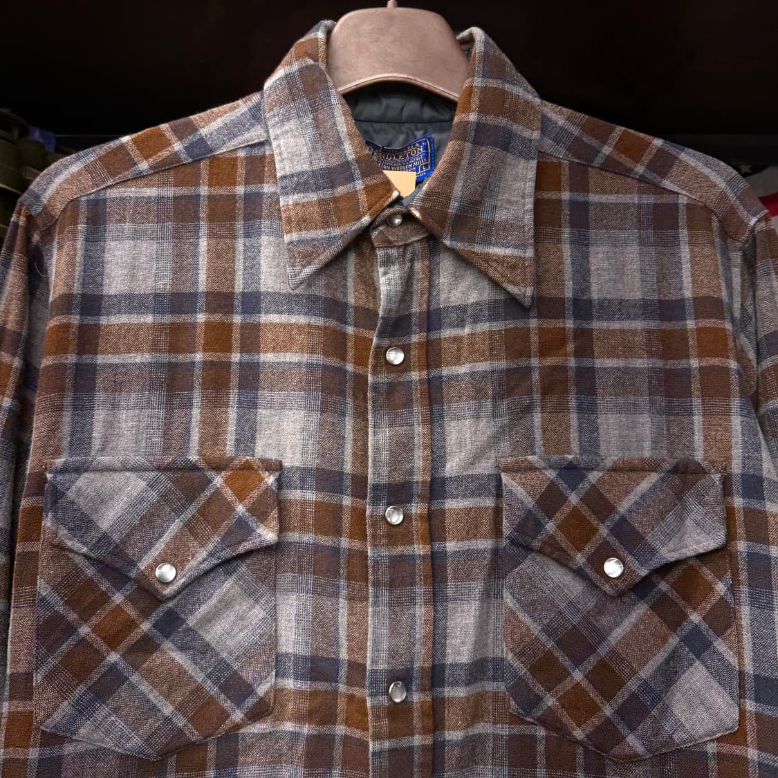 80s 펜들턴 퓨어 버진 울 플란넬 워크 체크 셔츠 펄 스냅 N123 상품이미지3