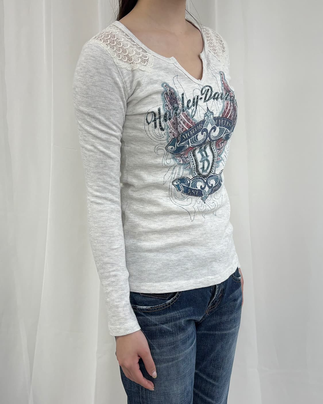 HARLEY DAVIDSON 숄더 레이스 배색 90s 그래픽 와플 티 상품이미지2