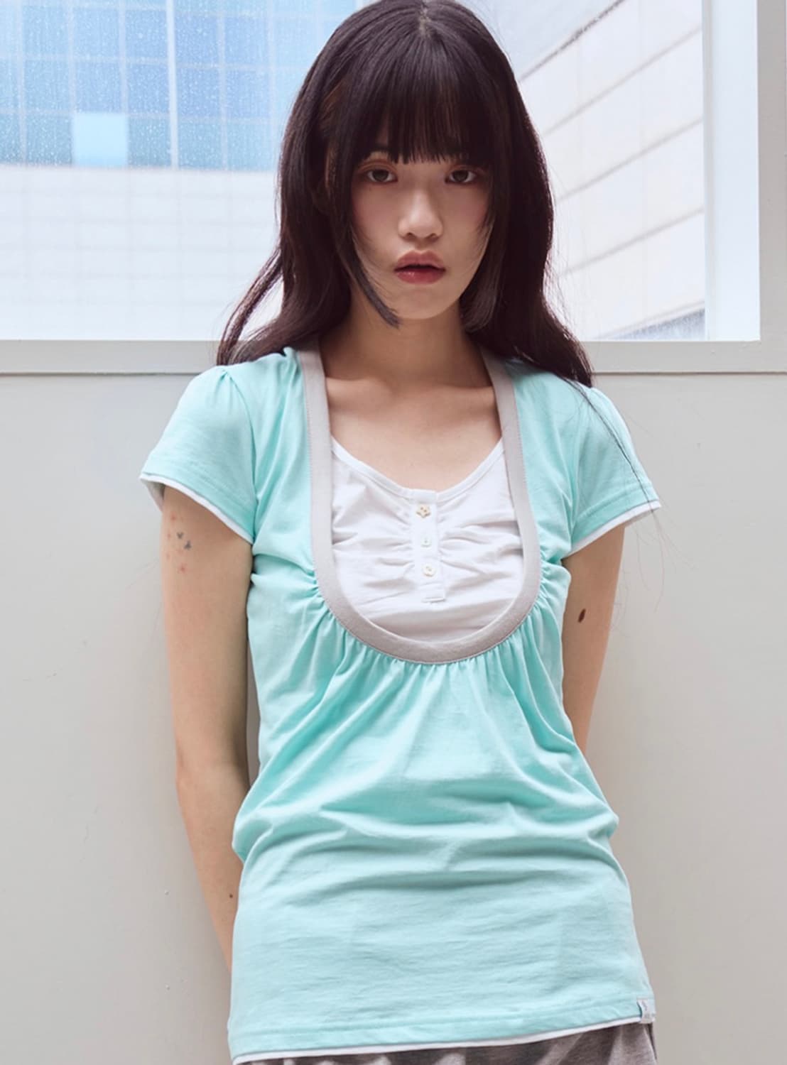 오피쉬 Shirring U neck T-shirts, Mint 상품이미지1