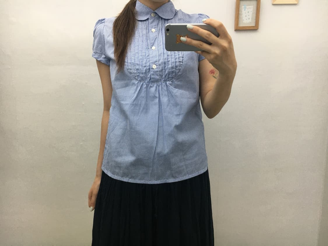 블루 체크 둥근 카라 블라우스 상품이미지2