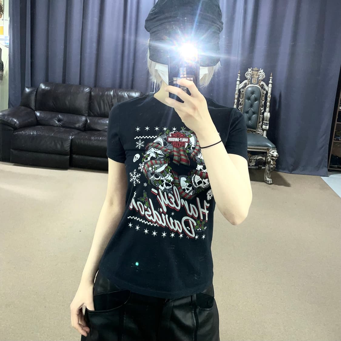 할리데이비슨 크리스마스 에디션 스컬 해골 프린팅 반팔 슬림핏 티셔츠 S 상품이미지1