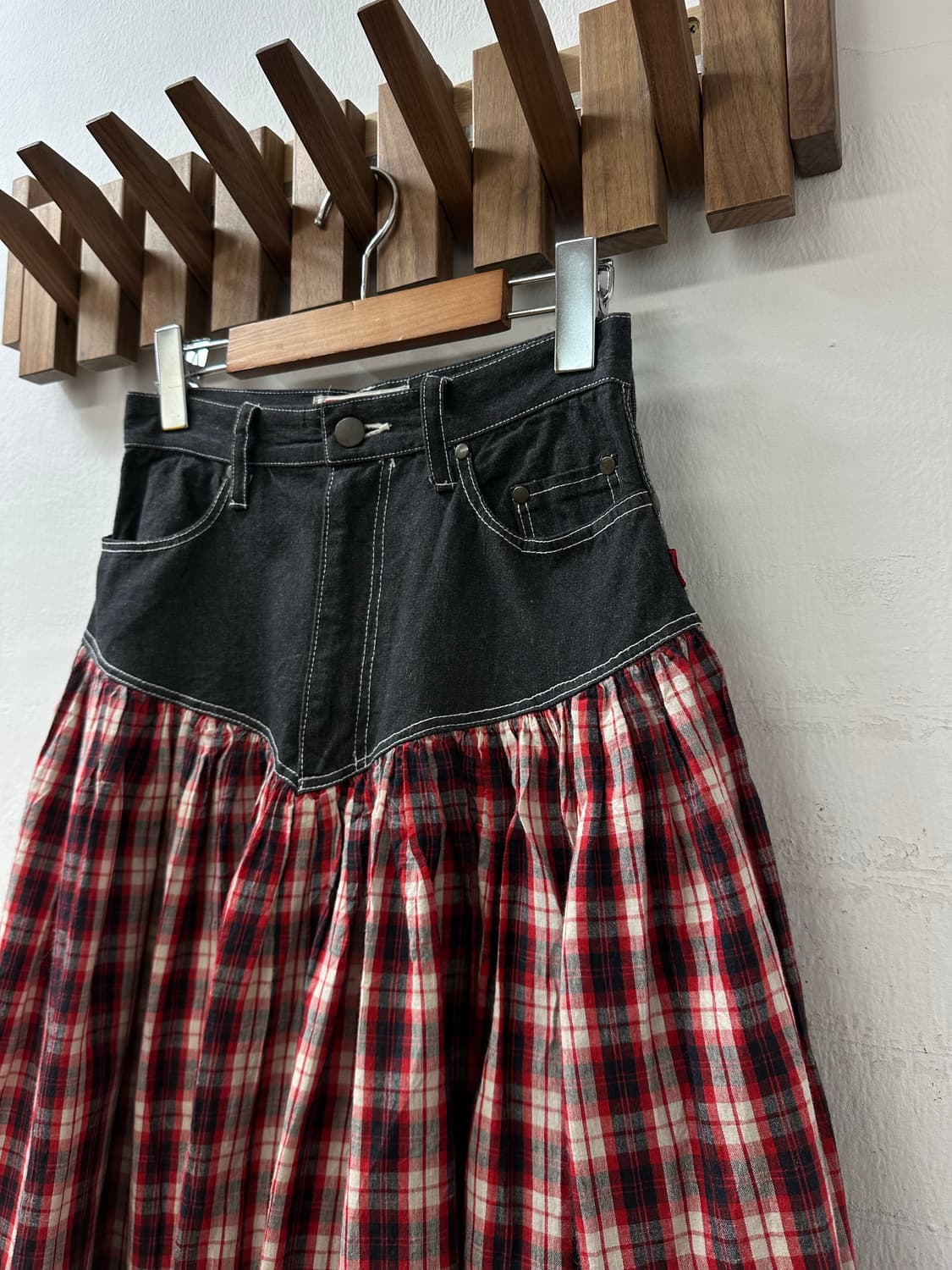 일본빈티지 Atsuki Onishi 아츠키오니시체크 패치워크 데님 스커트 상품이미지2