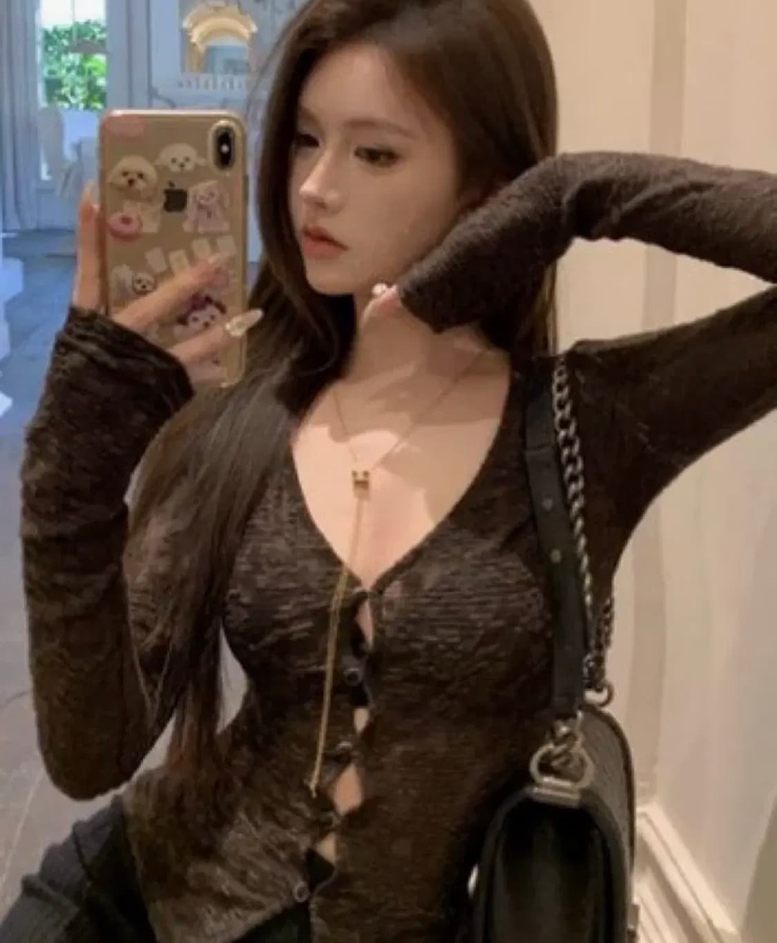 시스루 브이넥 슬림핏 가디건 (브라운) 상품이미지2