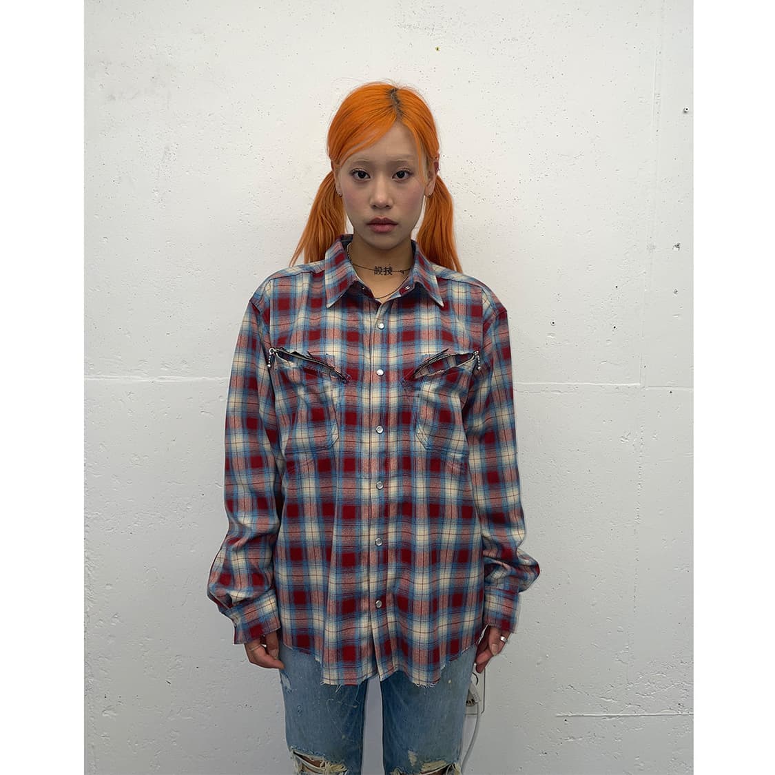 Cut&Zip Flannel Shirts (Red/Sky blue) 상품이미지3