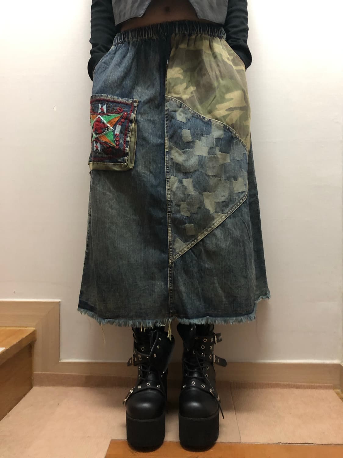 빈티지 데님 카모 패치워크 롱 스커트 상품이미지2