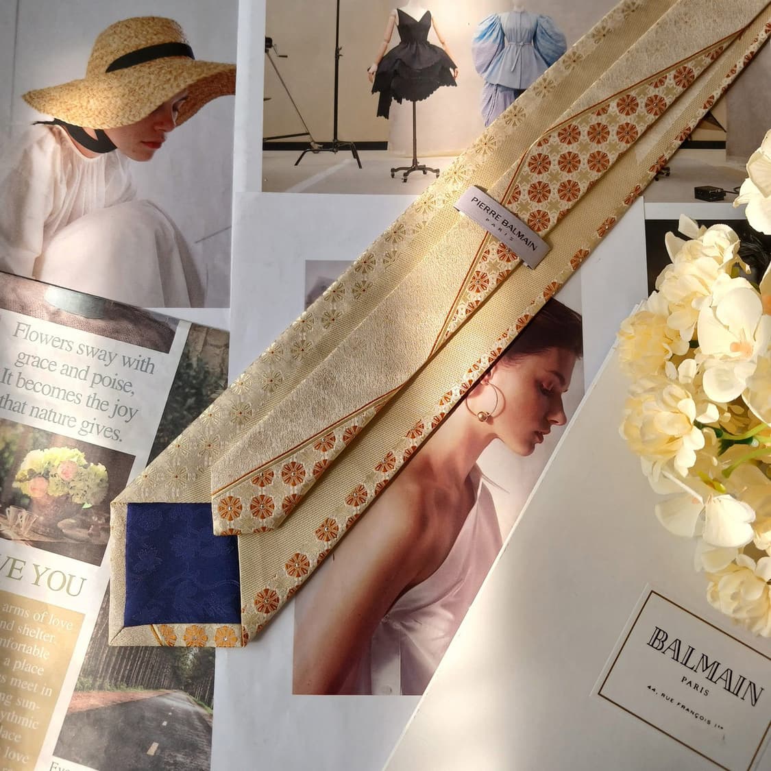 피에르 발망 실크 베이지 패턴 넥타이 9.1cm A+등급 A19829 상품이미지4