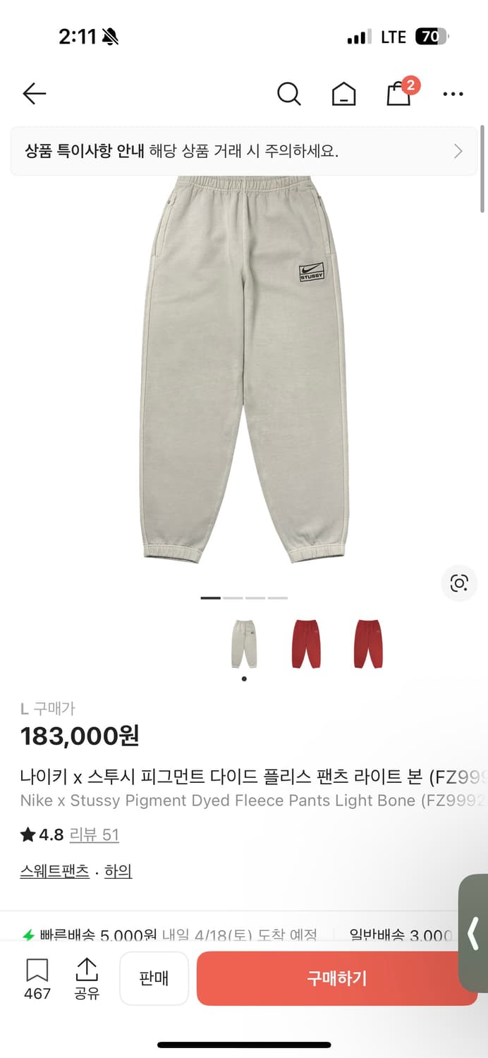 나이키 x 스투시 피그먼트 다이드 플리스 팬츠L라이트 본 (FZ9992- 상품이미지2