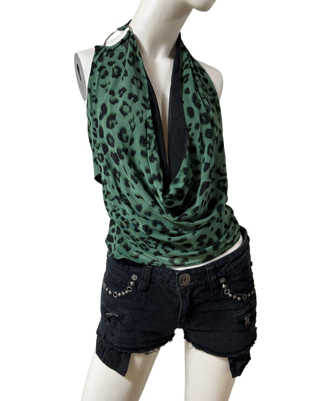 빈티지 갸루st y2k 그린 레오파드 홀터 탑 상품이미지2
