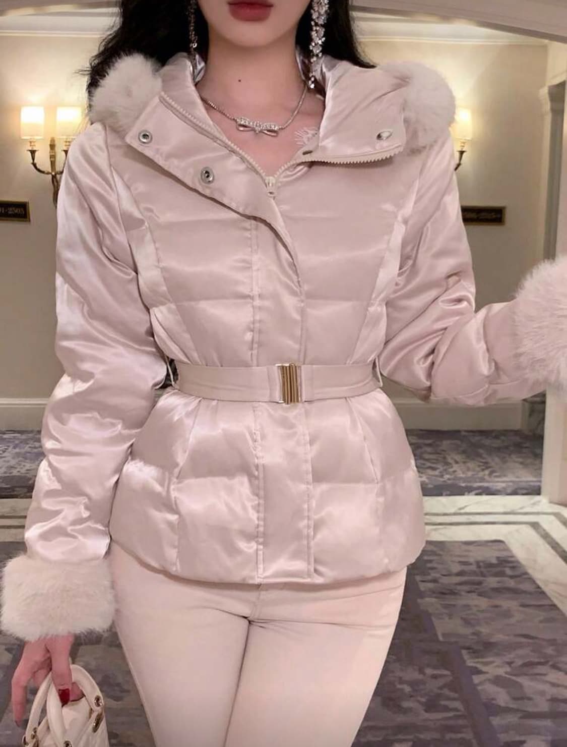 딸기우유 연핑크 퍼 패딩 벨트 세트 새상품 상품이미지2