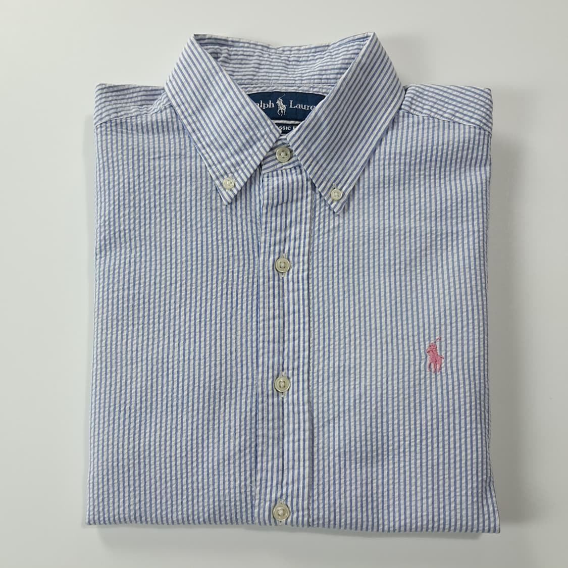 CK256 M 폴로 90s 시어서커 클래식블루 스트라이프 반팔 셔츠 남 상품이미지7