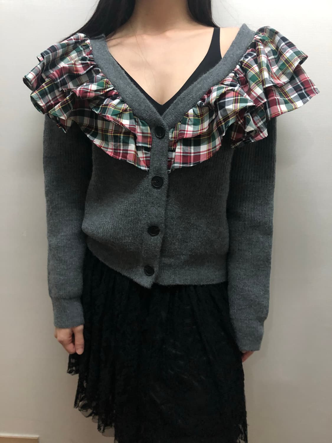빈티지 그레이 체크 프릴 레이어드 가디건 상품이미지6