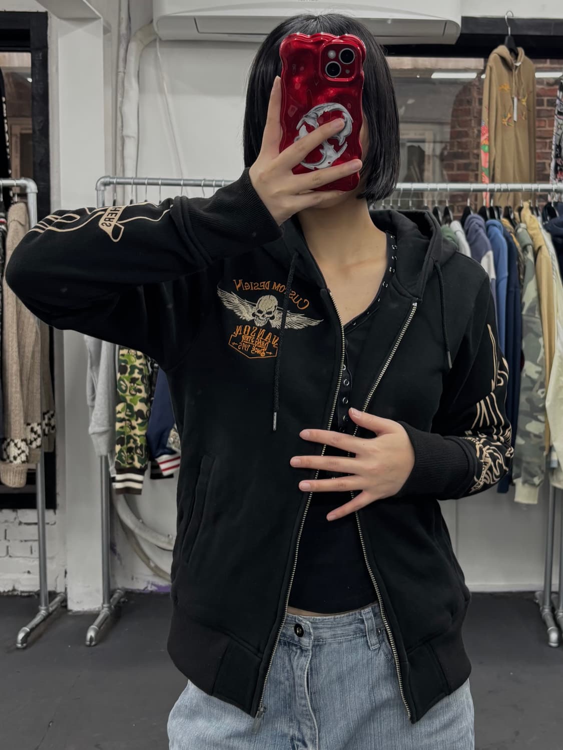 밴슨 레더 사이드 로고 스컬 후드집업 상품이미지4