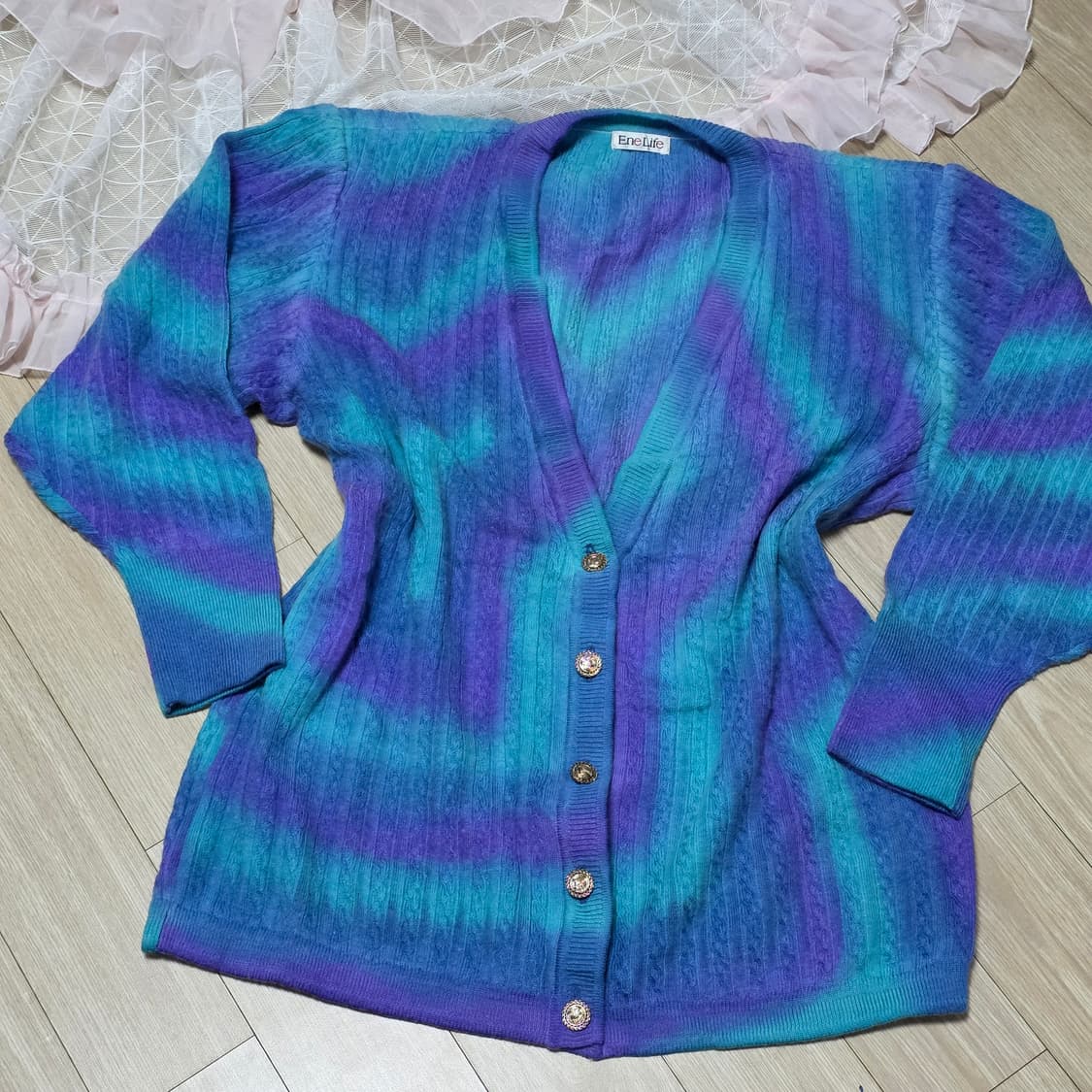일본빈티지)오로라 그라데이션 퍼플x블루x민트 로맨틱 90s 니트가디건 상품이미지1