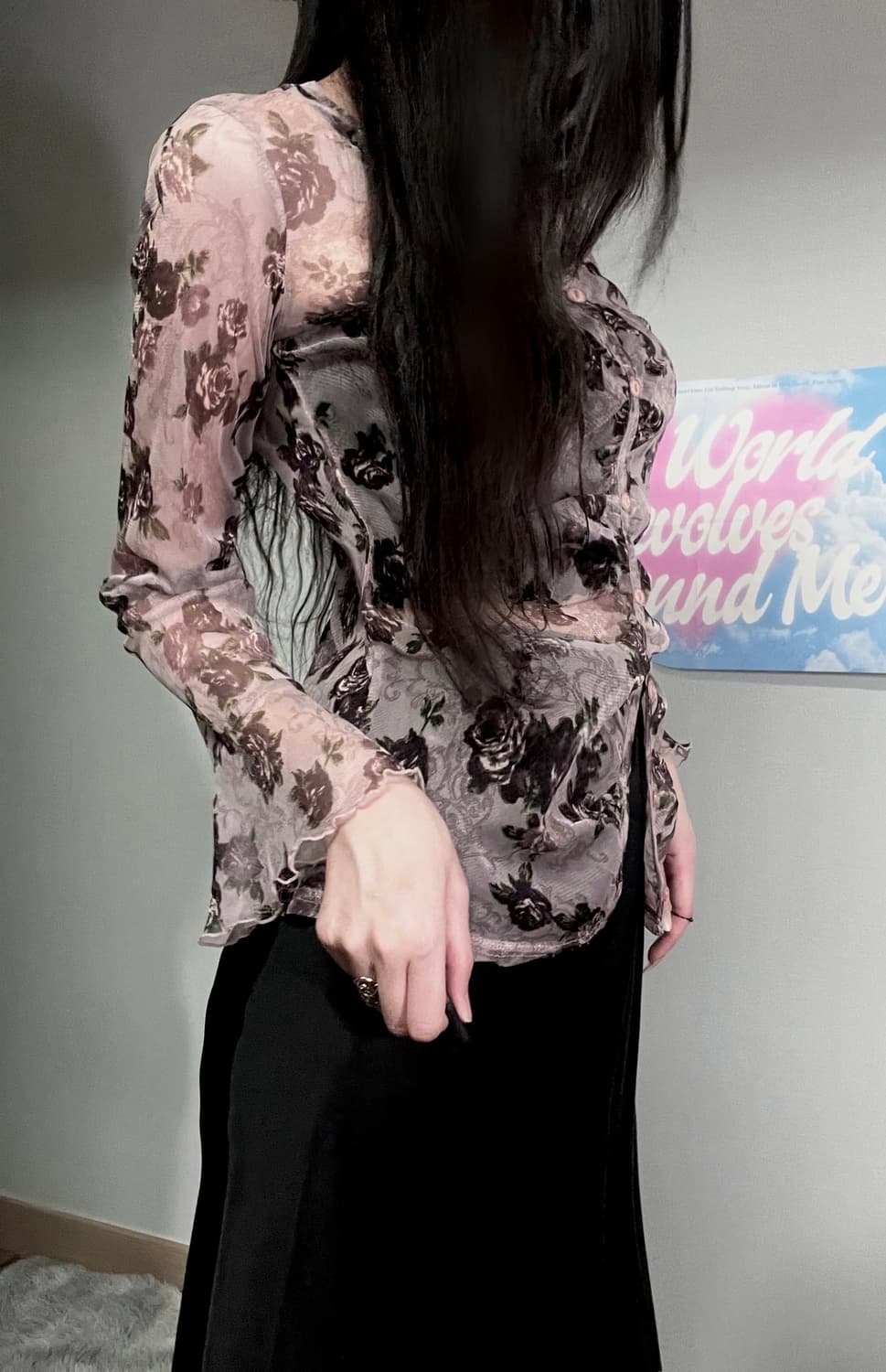 퍼플 엔틱 에스닉 고딕 로즈 장미 프릴 레이스 셔링 쉬폰 가디건 블라우스 상품이미지4