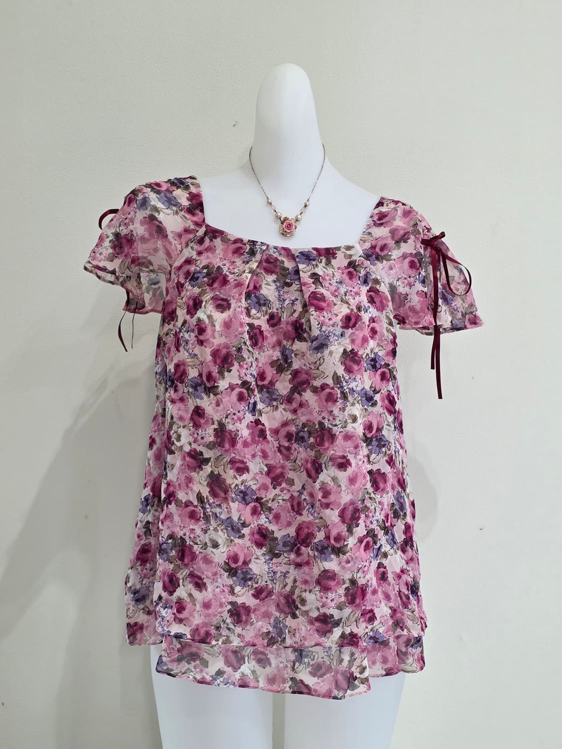 일본빈티지)핑크로즈 리본 백예린깔 쉬폰 로맨히메갸루모리걸 블라우스 상품이미지1