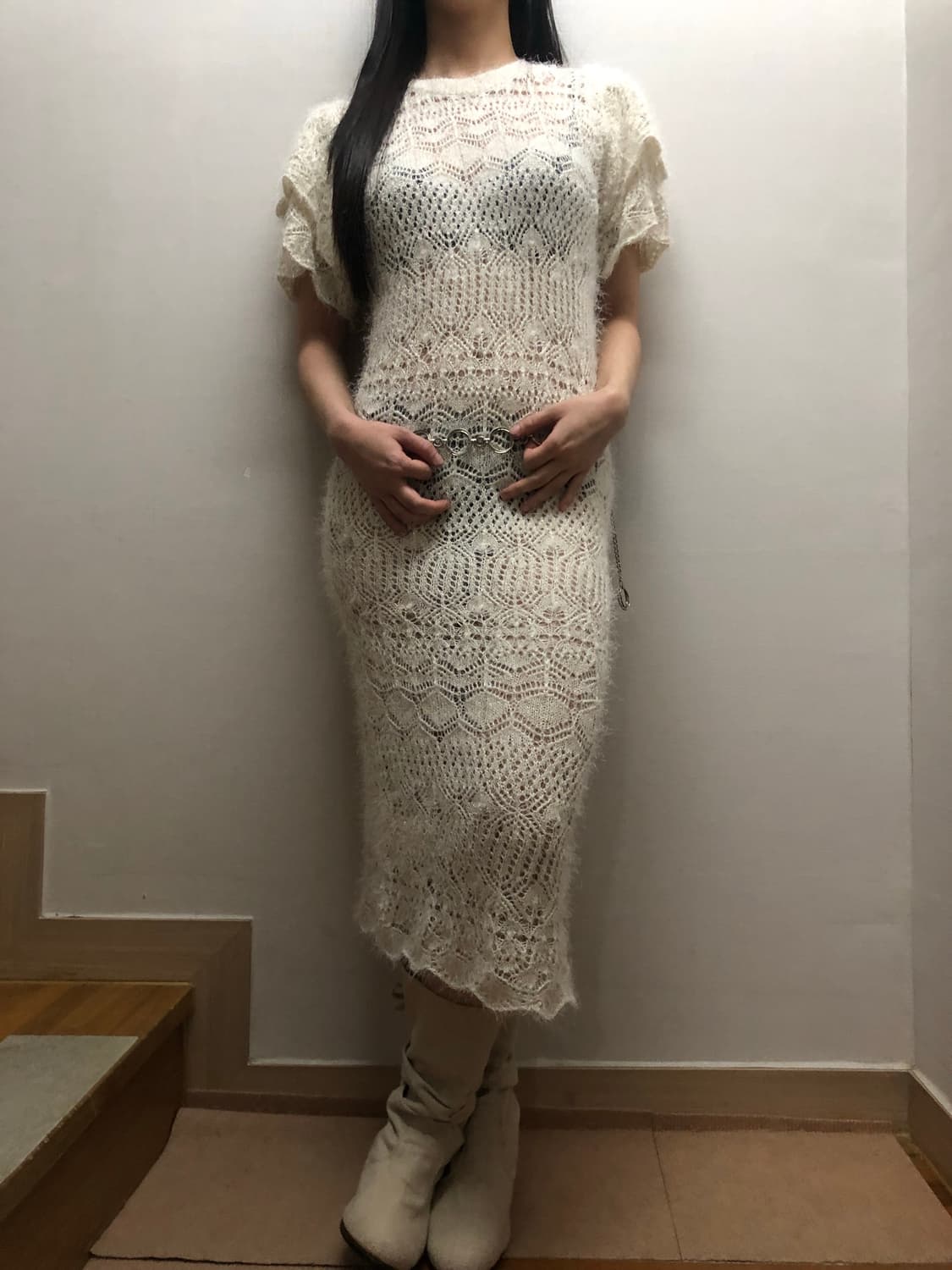빈티지 화이트 프릴 글리터 니트 원피스 상품이미지9