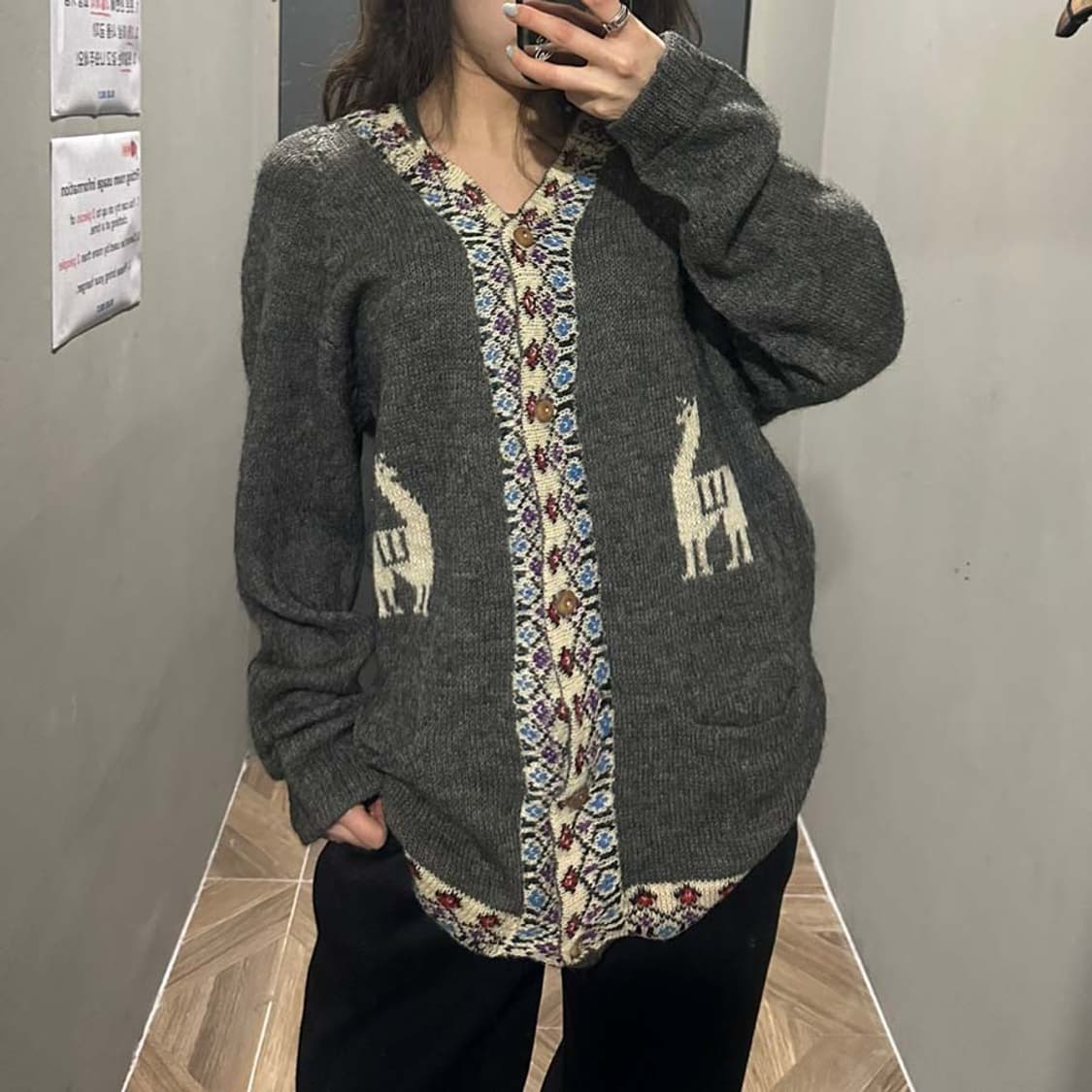 JPN VINTAGE 니트 가디건 플로럴 자카드 라마 패턴 디테일 그레이 상품이미지5