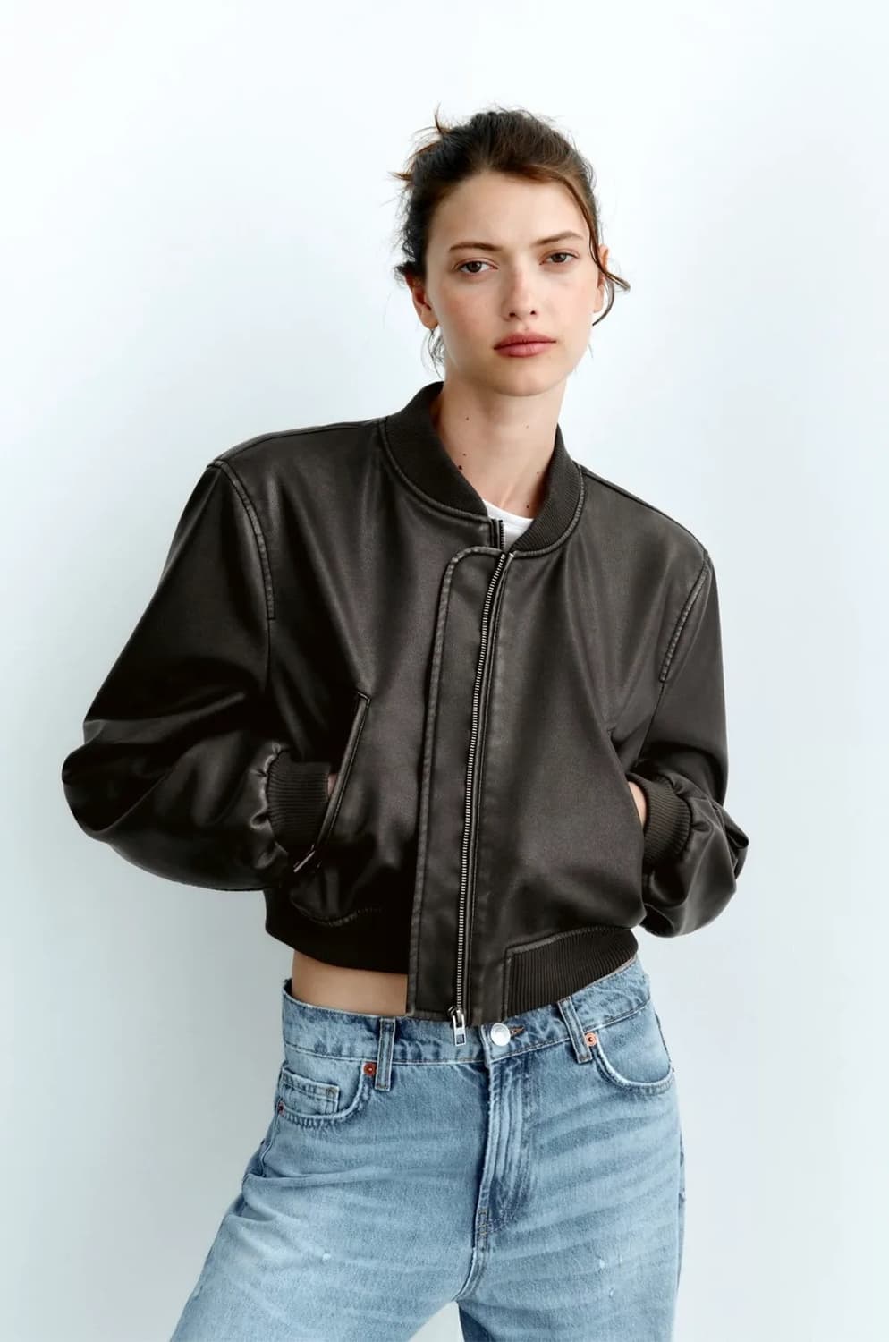 자라 페이디드 크롭 레더 봄버 자켓 M 상품이미지1