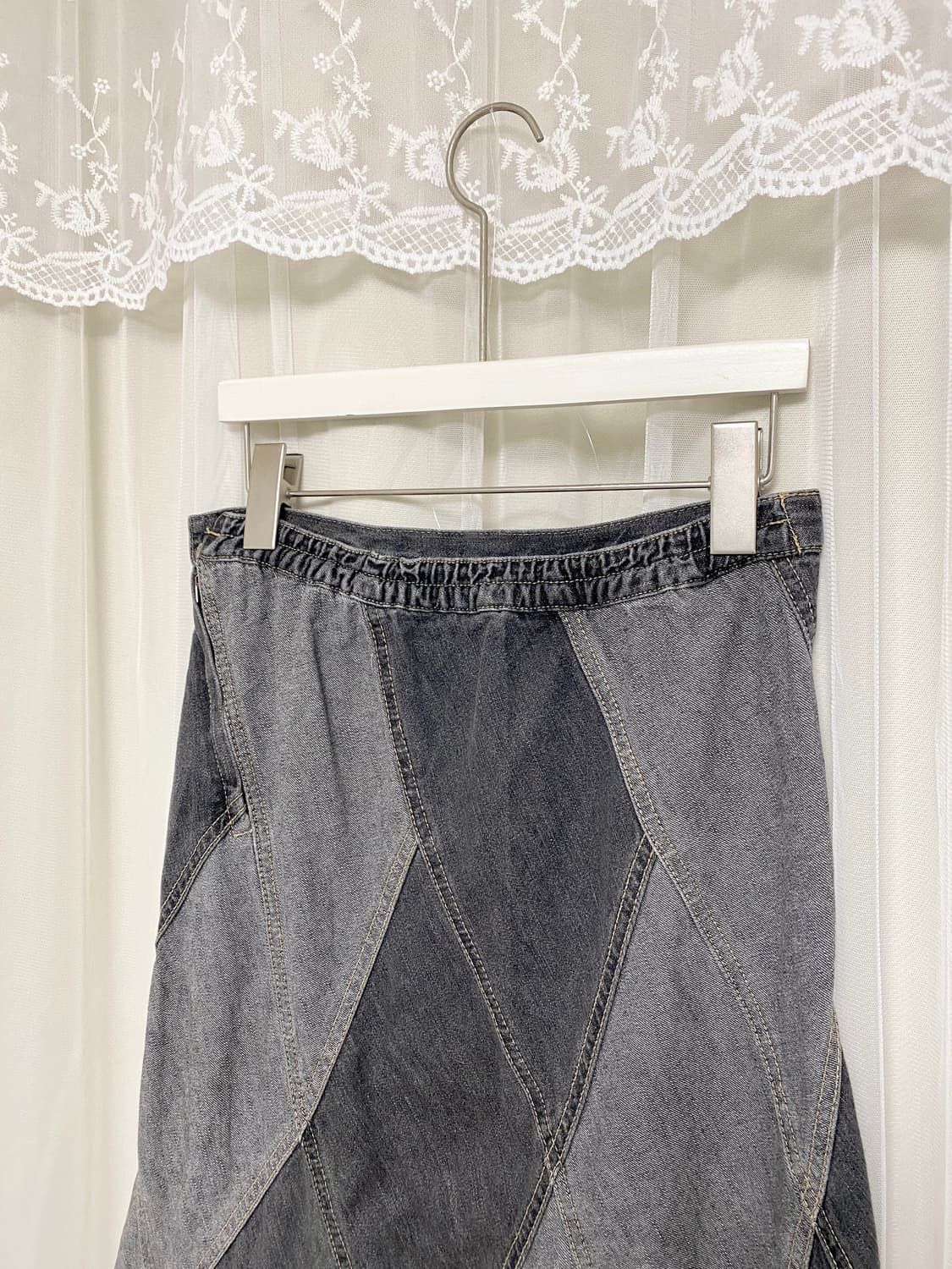 Patchwork Denim Flare Banded Long Skirt 상품이미지7