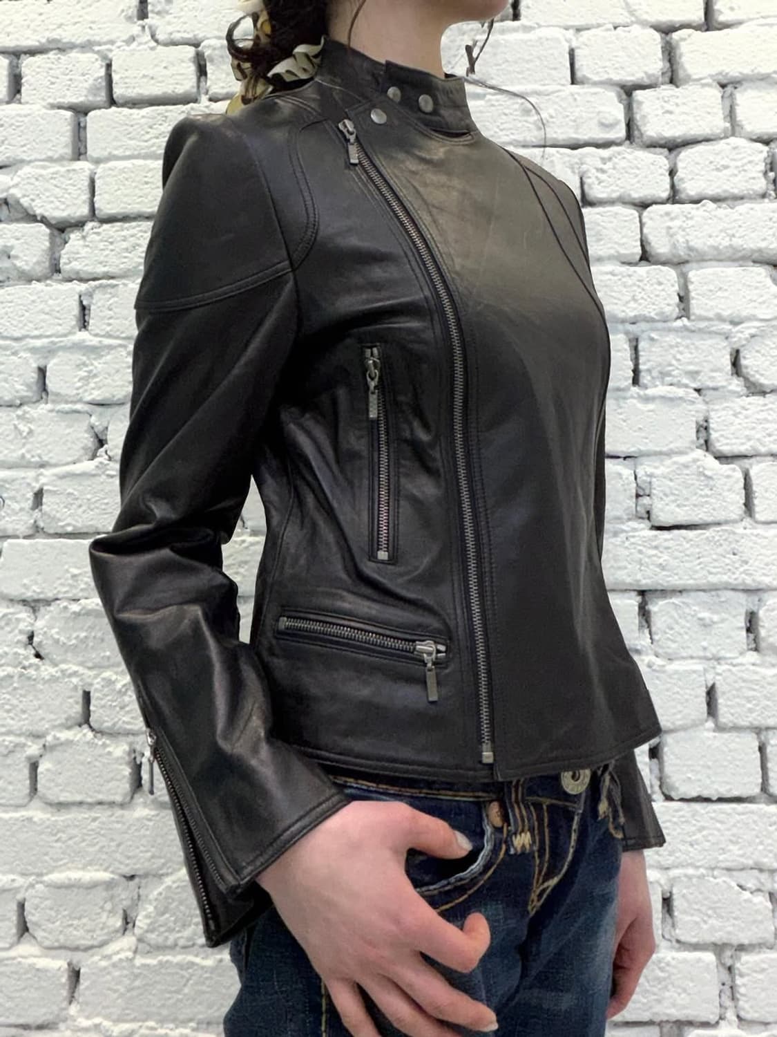 Asymmetric High-Neck Leather Jacket 상품이미지3