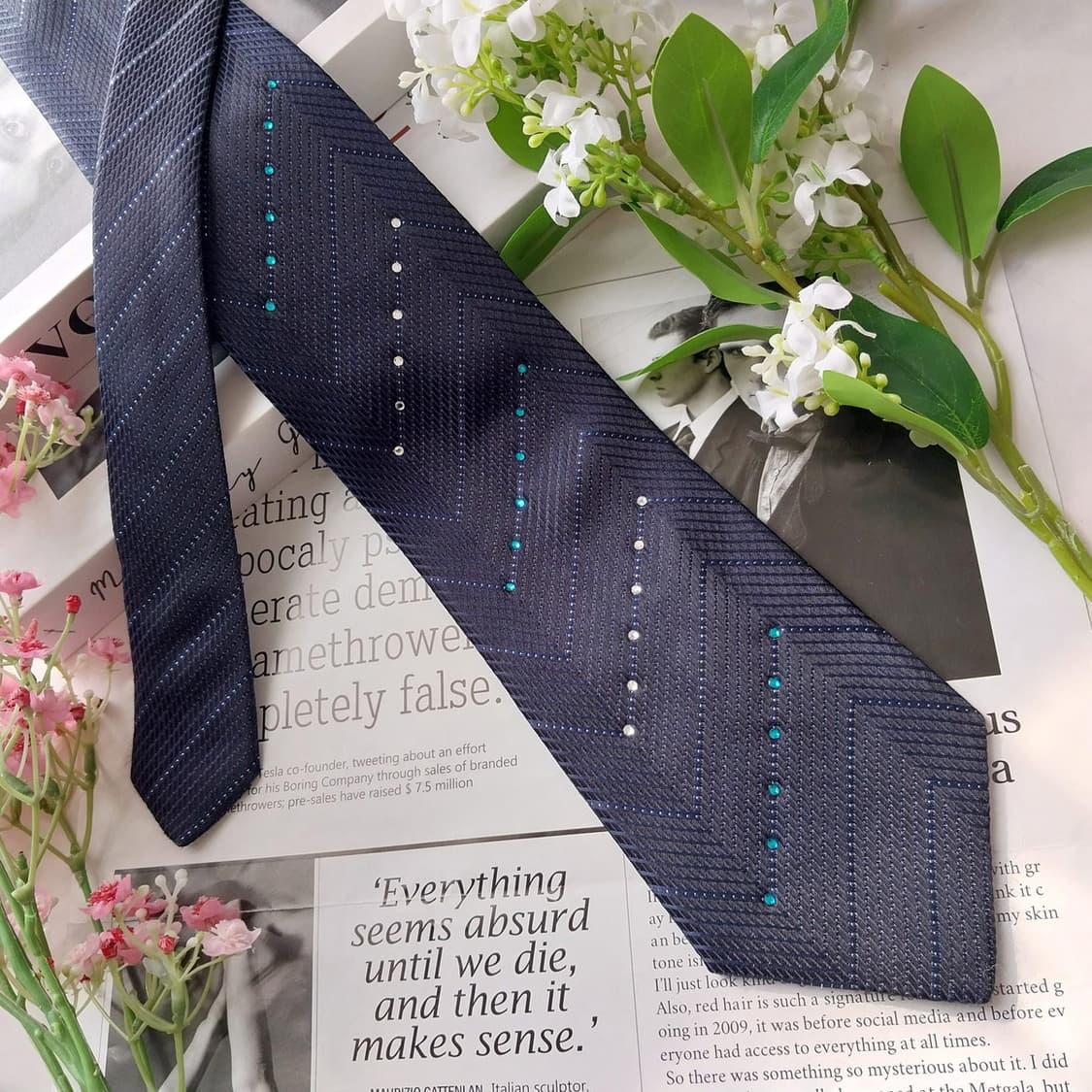 까르뱅 실크 네이비 헤링본 패턴 넥타이 9.2cm A+등급 K2107 상품이미지3